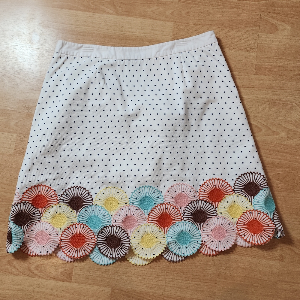 Boden 14L Embroidered Multicolored Hem Cotton Twill White Polka Dot Skirt